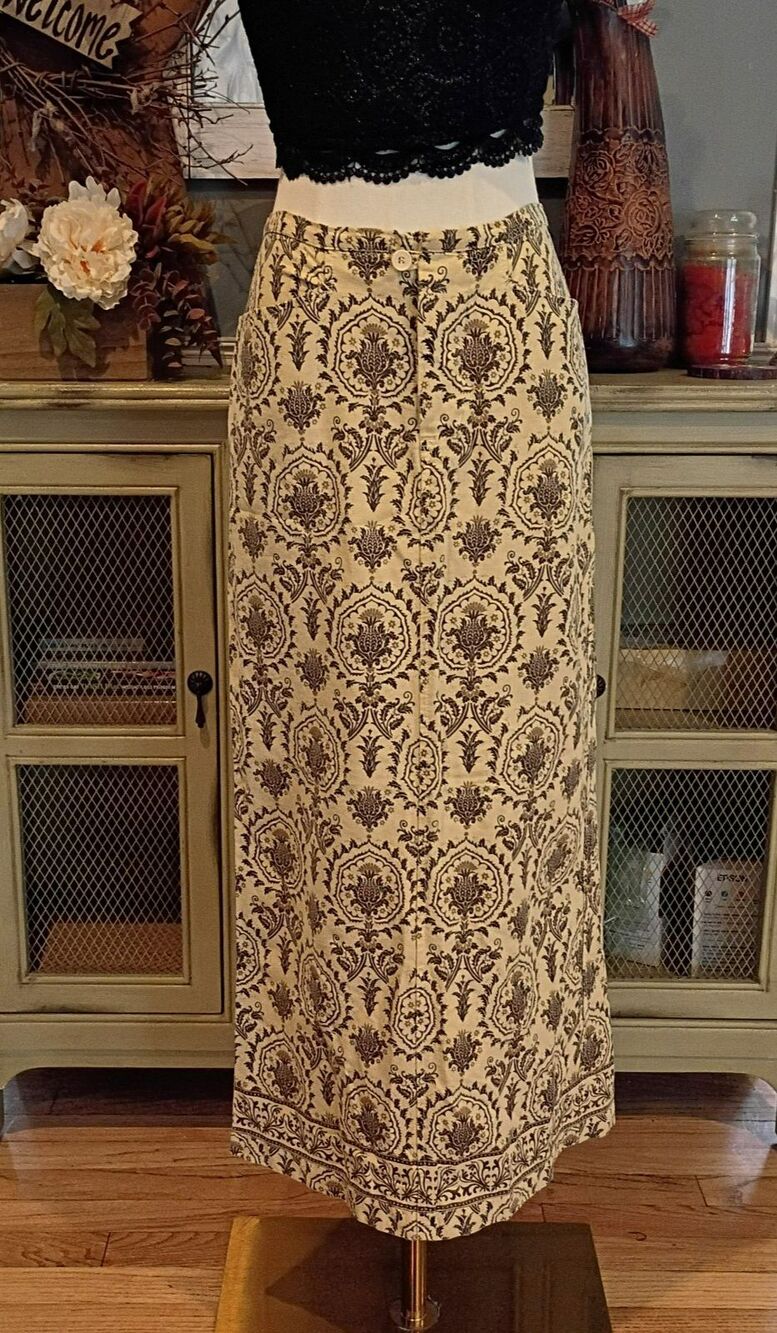 Blue Dot  Vintage Cotton/Linen Long Skirt Women's XS Pockets Back Slit USA Made